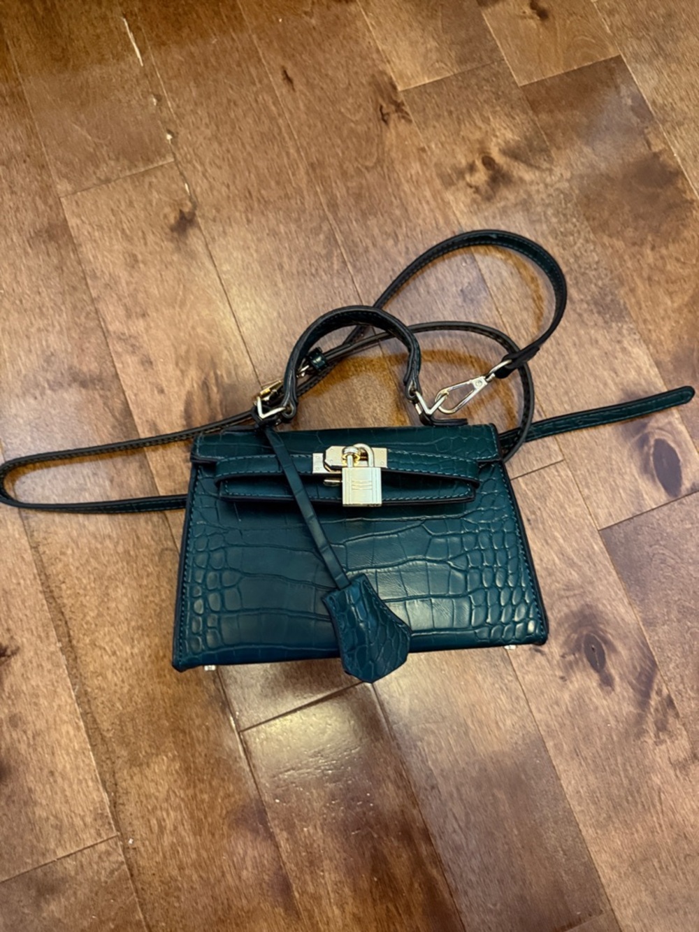 Princess Polly Black Croc Mini Top-Handle Crossbody with Gold Lock